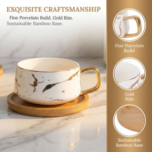 Ceramic Coffee Tea Mug Set with Stainless Steel Spoon & Bamboo Saucer, 10 oz - White & Black