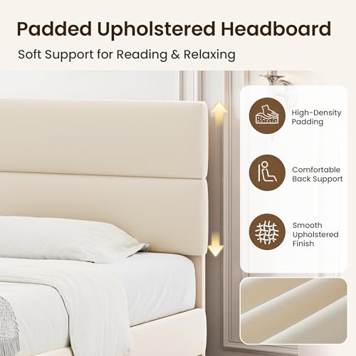 Queen Upholstered Platform Bed Frame with Adjustable Velvet Headboard, Beige