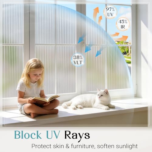 Reeded Glass Privacy Film - Frosted Static Cling Window Film, 17.5" x 78.7", UV Blocking for Home & Office