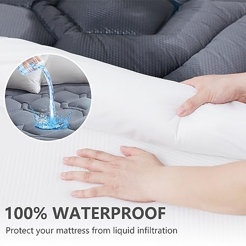 Elven Home Waterproof King Mattress Pad - Deep Pocket Quilted Cover (Grey)