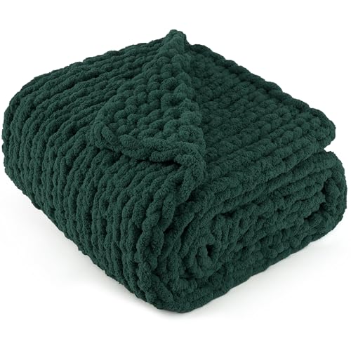 LONG CREATE Dark Green Chunky Knit Throw Blanket 60x80 in - 100% Handmade Chenille