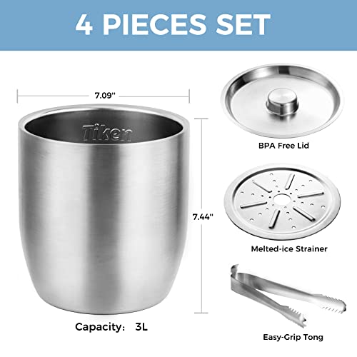 Tiken 3L Double-Wall Vacuum Insulated Ice Bucket with Lid & Tongs - Silver