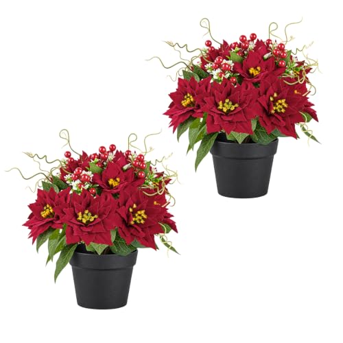 Red Artificial Poinsettia Plants in Pot, 15-Inch Fake Christmas Flowers, 2 Pack
