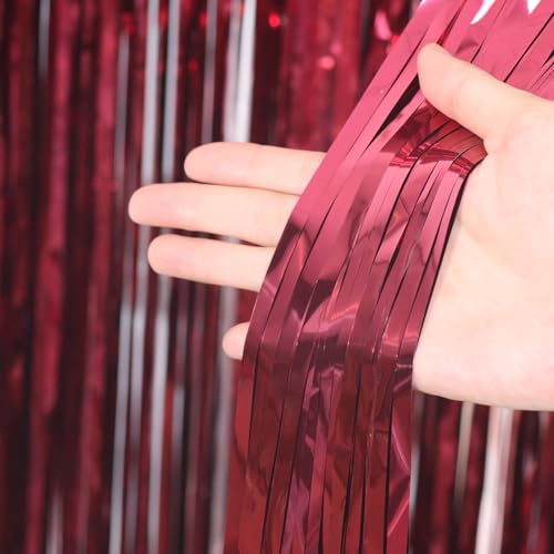 Voircoloria Burgundy Foil Fringe Backdrop Curtains 3.28x6.56ft 3pcs - Burgundy / 3