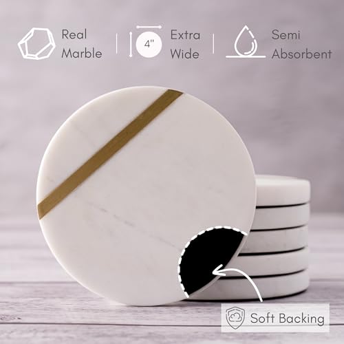 Marble & Gold Brass Inlay Coasters Set of 6 | Elegant White Drink Coasters