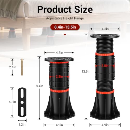 Adjustable Bed Support Legs 4-Pack, 8.4-13.5 Inch Heavy Duty Bed Frame Feet