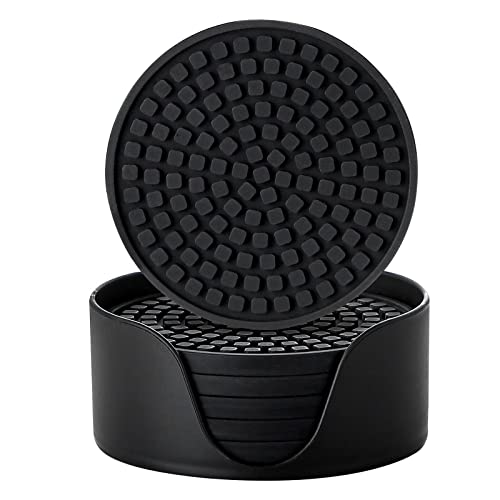 Colinda Silicone Drink Coasters with Holder - Black, Set of 6, Heat-Resistant & Non-Slip