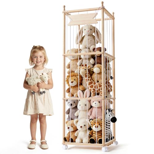 Wooden Stuffed Animal Storage with Wheels - Large Plush Toy Organizer