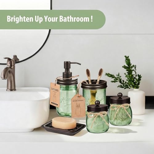 6-Piece Green Glass Mason Jar Bathroom Accessory Set - Rustic Farmhouse Decor