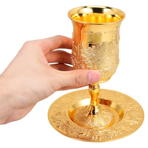 Silver-Plated Kiddush Cup and Saucer Set - 5oz Embossed Wine Goblet