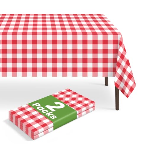 LIKAJON 2 Pack Red Gingham Disposable Tablecloth 54 x 108 in – Rectangle, Red and White Checkered