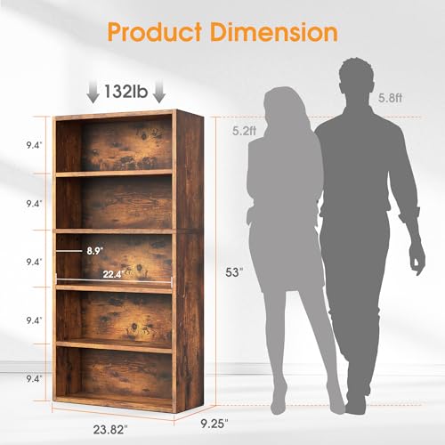 5-Tier Wood Bookshelf - 53-Inch Tall Open Display Storage Organizer
