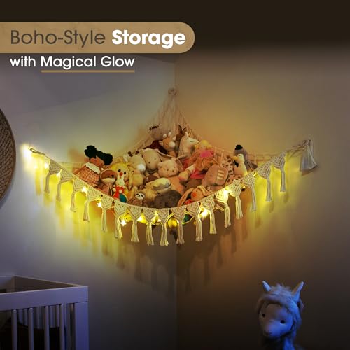 Extra Large Macrame Stuffed Animal Hammock with LED Lights, Cotton Toy Net
