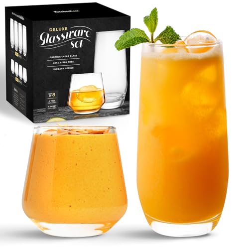 Kitchen Lux 8-Piece Glasses Set - 4 Highball & 4 Rocks Drinkware
