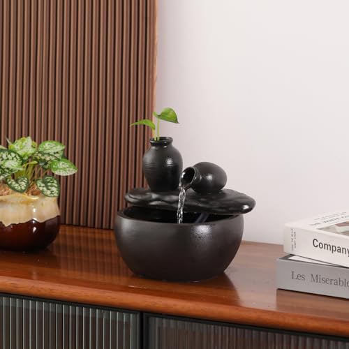 Black Ceramic Tabletop Water Fountain for Indoor Home & Office Decor
