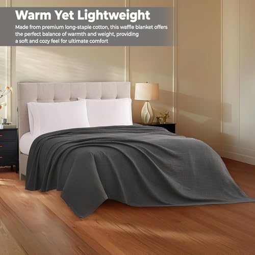 100% Cotton Waffle Weave Blanket - Lightweight Queen Bed Blanket, Dark Grey