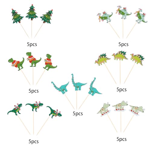 YCTHUNFISH 35 Pack Dinosaur Christmas Cupcake Toppers – 7 Patterns, Pre-assembled Party Picks (Variation 16)