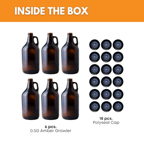 64 oz Amber Glass Growlers - 6 Pack Half Gallon Jugs with Poly Seal Caps