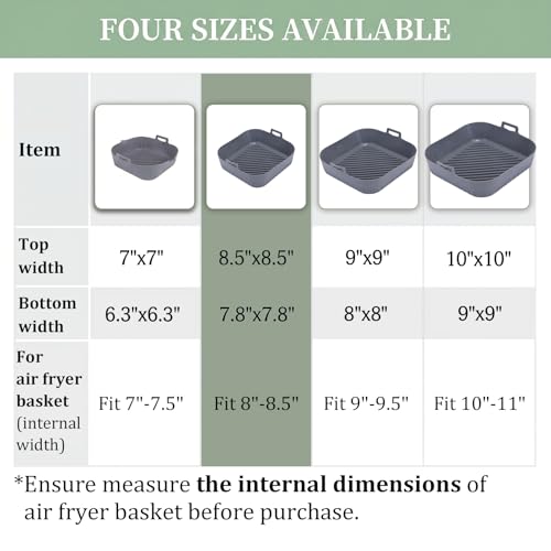 Square Silicone Air Fryer Liners, 8 to 8.5 Inch Reusable Non-Stick Pots