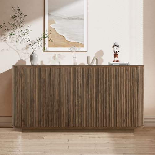 64" Fluted Wood Buffet Sideboard Cabinet with 4 Doors and Adjustable Shelves