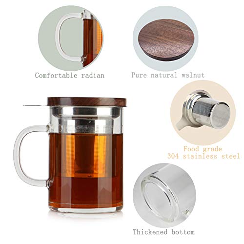 COMI 14oz Glass Tea Cup with Walnut Lid & Handle - Large Capacity Infuser Mug for Loose Leaf Tea (Variation 1)
