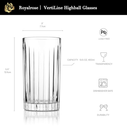 Royalrose Premium VertiLine 13.5oz Tall Highball Glasses Set of 6 - Lead-Free Crystal