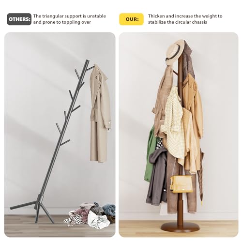Solid Rubberwood Freestanding Coat Rack with 10 Hooks & Adjustable Height