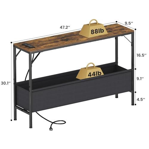 47.2" Narrow Console Table with Power Outlets and Storage Basket