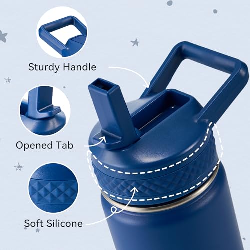 Insulated Stainless Steel Kids Water Bottle with Straw 12 oz Navy Blue