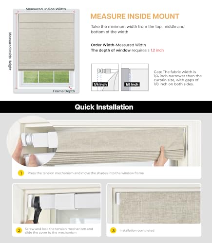 Cordless Blackout Roman Shades, 34.5" W x 60" H, Beige - No Drill, UV Blocking