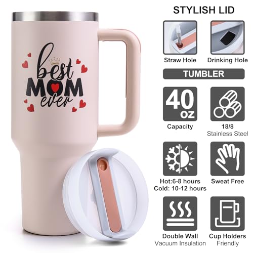 Best Mom Ever Tumbler 40oz with Handle, Lids & Straws - Gift for Mom