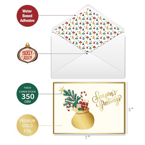 100 Unique Christmas Greeting Cards Set with Envelopes & Stickers - 5x7 Inches