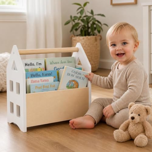 Wooden Kids Bookshelf with Handle - Montessori Toddler Book Storage