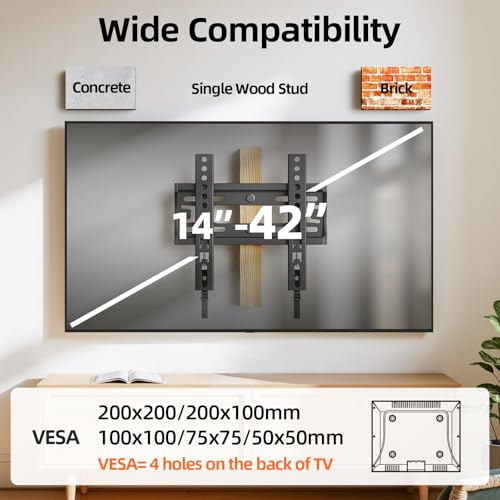 Fixed TV Wall Mount Bracket for 14-42 Inch Screens, Low Profile VESA 200x200