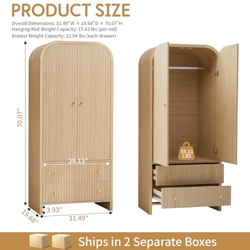Arched 2-Door Wardrobe Closet with Hanging Rod and 2 Drawers