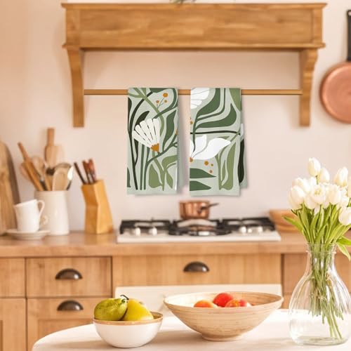 Sage Green Floral Kitchen Towels, Waffle Weave Dish Towels Set of 2
