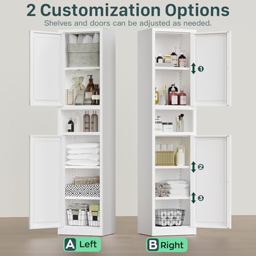 67" Tall Narrow Metal Pantry Cabinet with Adjustable Shelves, White