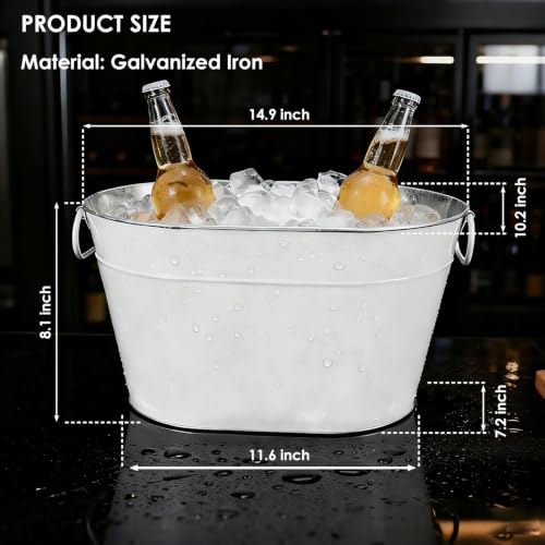 DAMSICO White Galvanized Beverage Tub with Handles - Large Ice Bucket for Parties
