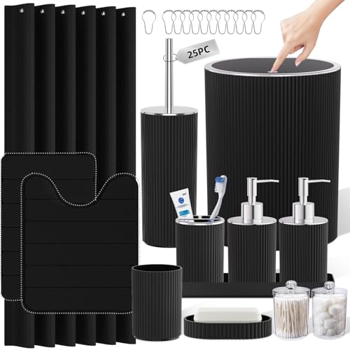 25-Piece Black Bathroom Accessory Set with Trash Can and Shower Curtain