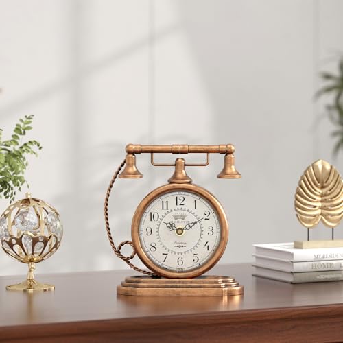 Vintage Telephone Table Clock, Gold Antique Style Mantel Clock 7.3 Inch