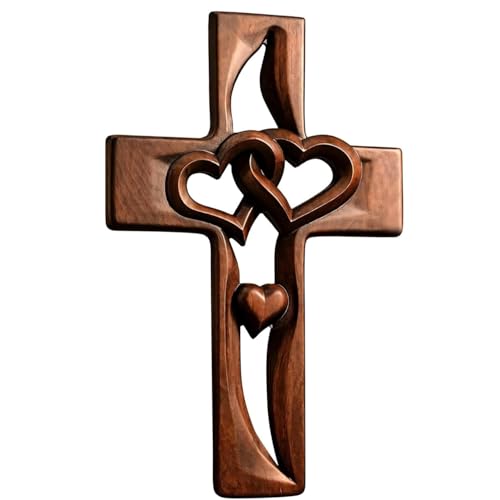 Hand-Carved Wooden Wall Cross with Intertwined Hearts, 9.84-Inch