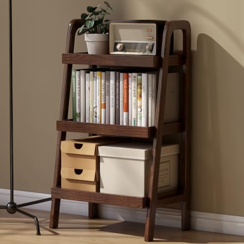 3 Tier Solid Oak Ladder Bookshelf, Compact Wood Storage Display Shelf