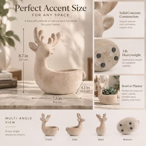 Beige Reindeer Decorative Bowl - Christmas Tabletop Centerpiece, 8.7" Cement Holiday Decor