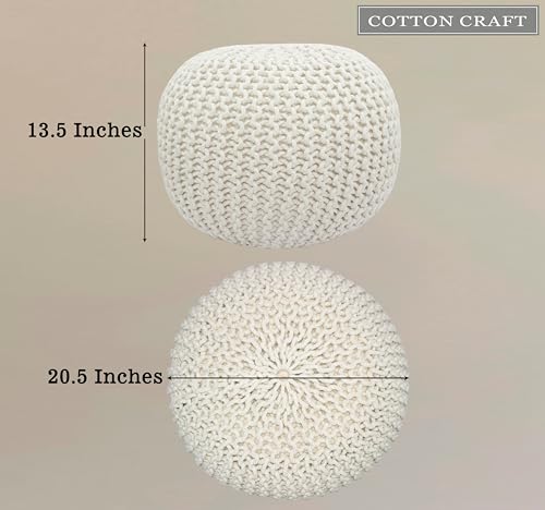 Hand Knitted Round Cotton Pouf - 20x14 Inch Ivory Floor Ottoman Footrest