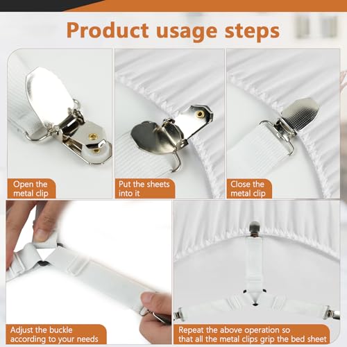 Adjustable Bed Sheet Straps with Metal Clips - 4-Pack Corner Fasteners, White