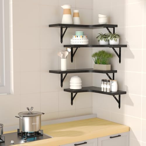 Rustic Wood Corner Floating Shelves - Wall Mounted Display Set of 4 (Black)