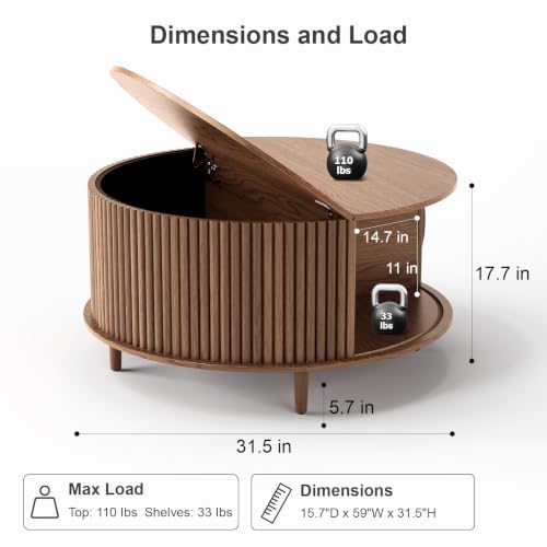 31.5-inch Round Coffee Table with Hidden Storage, Walnut Mid-Century Modern
