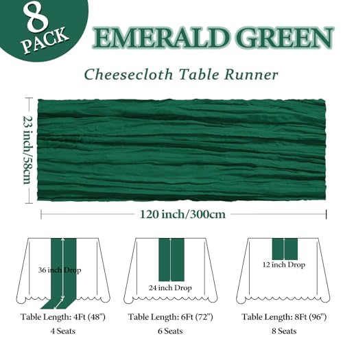 8 Pack 10ft Emerald Green Table Runners - Polyester Cheesecloth for Weddings & Events