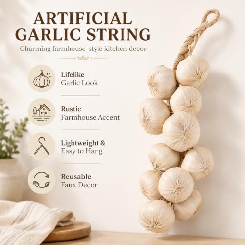 Artificial Garlic String, Lifelike Faux Garlic Decor for Farmhouse Kitchen