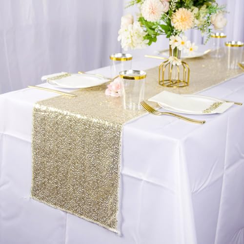 CHHEART Champagne Gold 12x120 Inch Sequin Table Runners (Pack of 6)